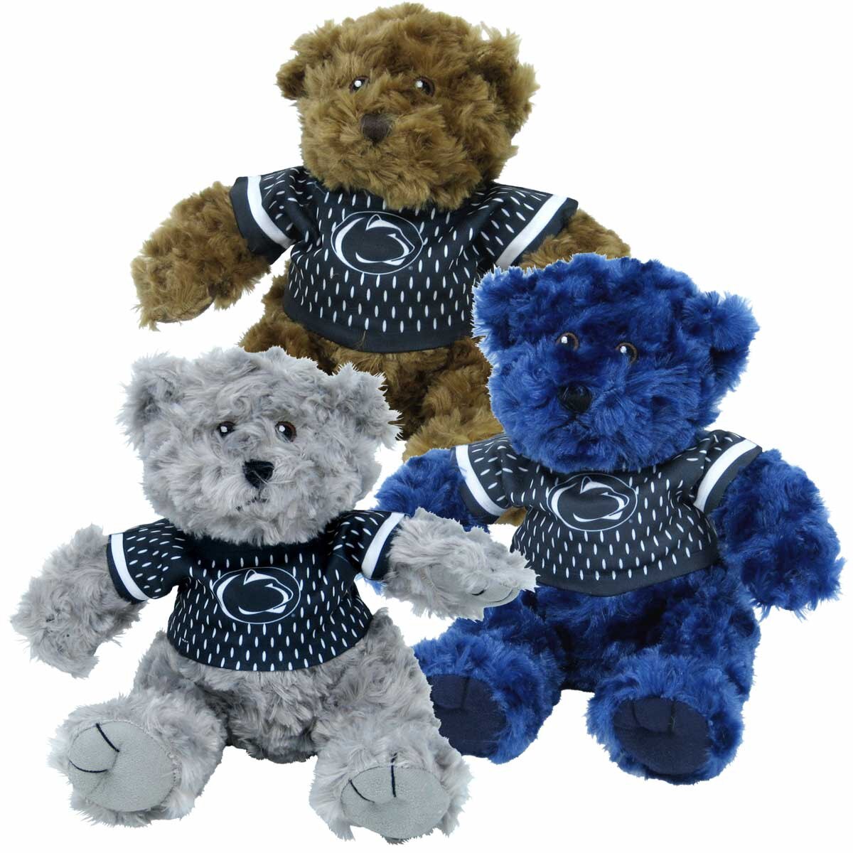 plush stuffed gray, navy, and tan bears with Penn State football jerseys